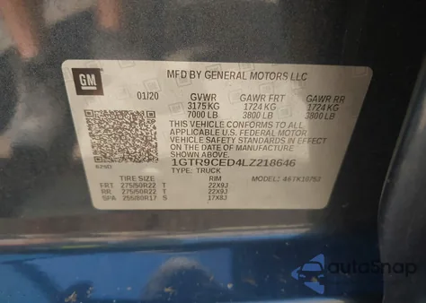 2020 GMC Sierra 1500 4Wd Double Cab Standard Box Elevation from USA, damaged, VIN 1GTR9CED4LZ218646